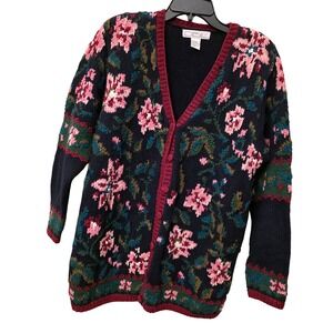 Vintage DBL Floral Cardigan Sweater Navy Pink Granny Core Ramie‎ Cotton Large